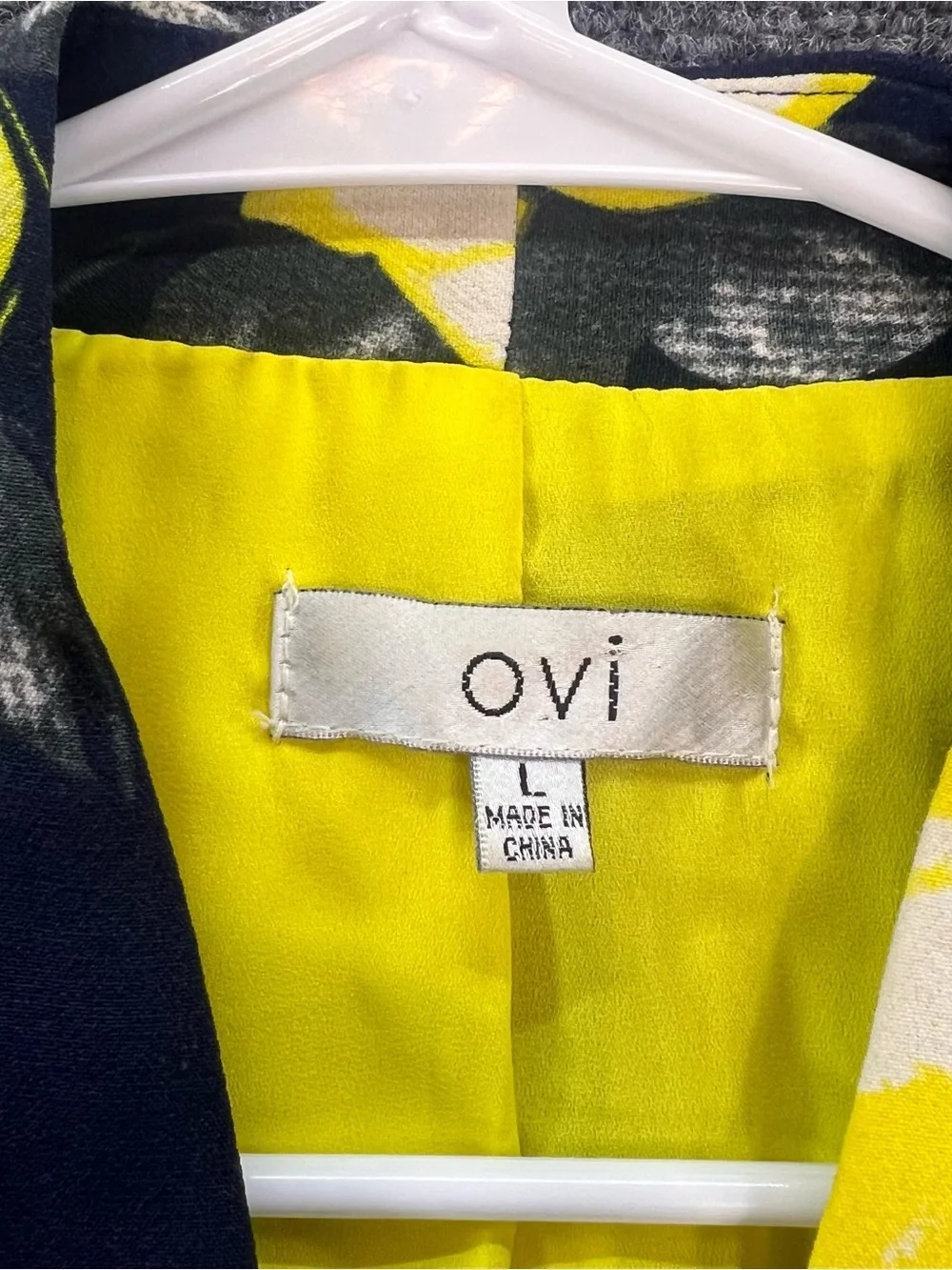 Ovi Open-Front Cropped Blazer Sz Large Navy Blue/Yellow Floral Print Career Work